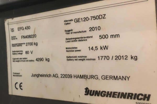 Sähkötrukki Jungheinrich EFG 430 kuva tyyppikilvestä