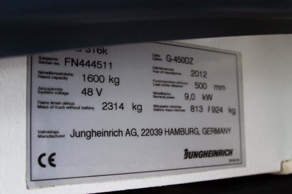 Sähkötrukki Jungheinrich EFG 316K 2012 kuva tyyppikilvestä