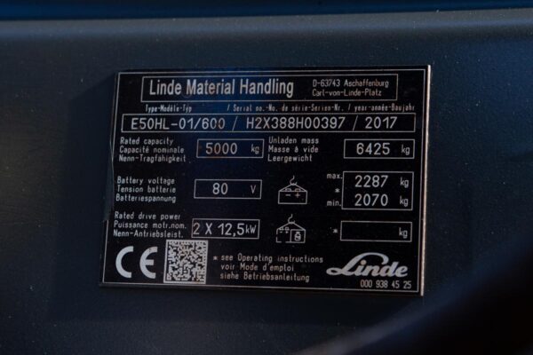 Electric forklift Linde E50HL-01 2017 type plate