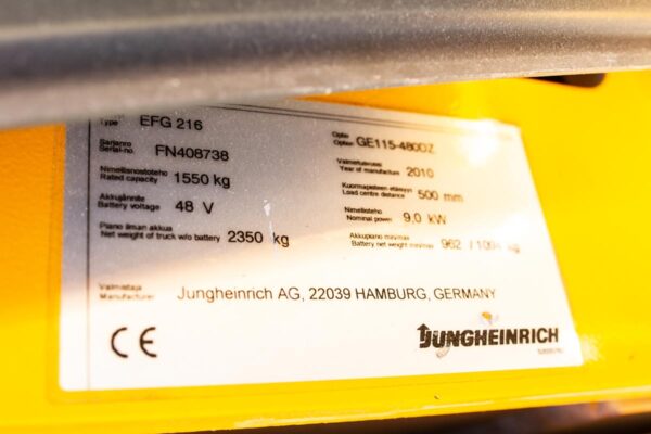 Electric forklift Jungheinrich EFG 216 2010 type plate