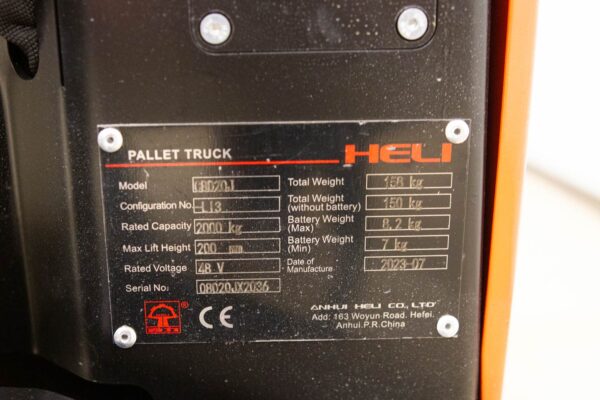 Electric pallet truck Heli CBD20J type plate