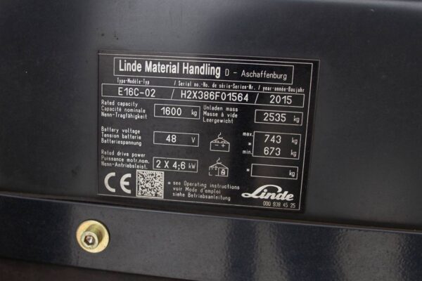 Electric forklift Linde E16C-02 type plate